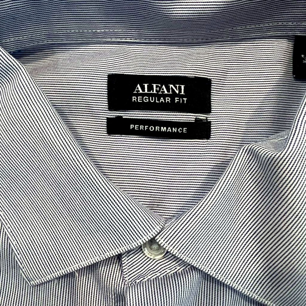 Alfani Men's Dress Shirt 18.5 34/35 XXL Regular Fit Performance Blue Pinstripe E
